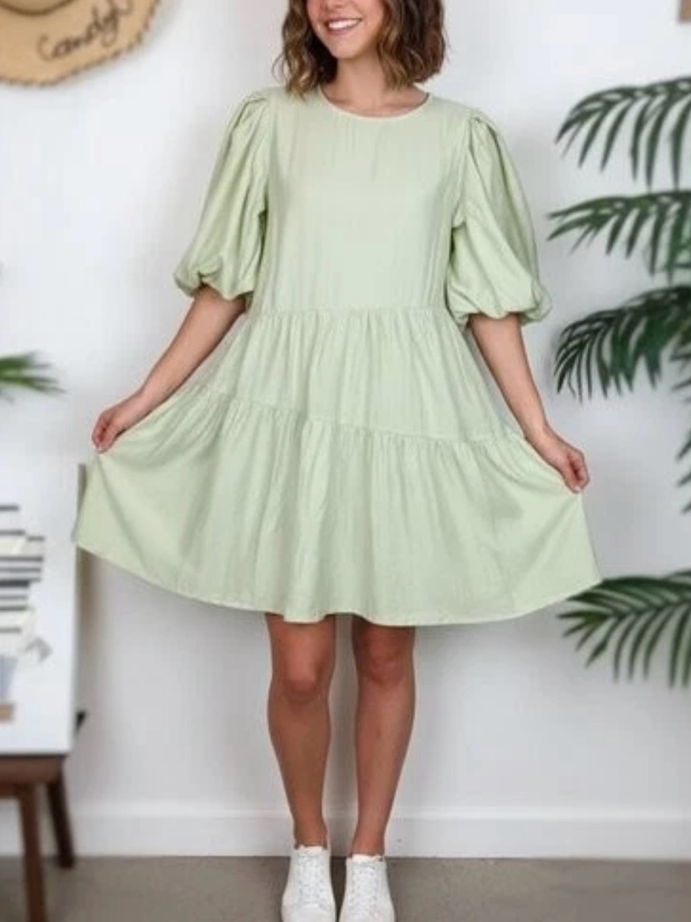 Moon River Sage Green Mini Dress Bubble Puff Sleeve Small Tiered Lined Babydoll